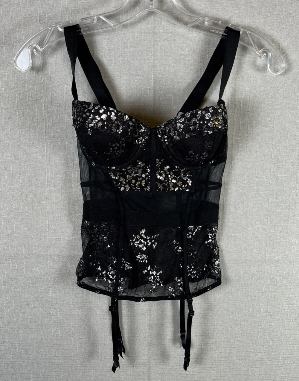 Victoria's Secret Garter Size 32B Sheer Mesh Lace Black Silver Garter Y2K Sexy